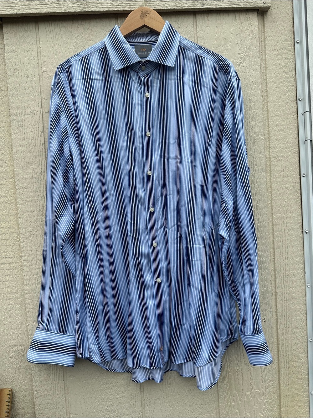 Thomas Dean Men’s XL Blue White Striped Dress Shirt 100% Pima Cotton - Picture 4 of 11
